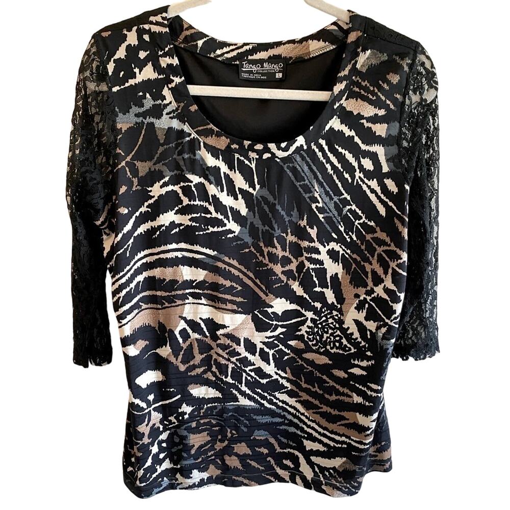 Tango Mango Black Patterned 3/4 Sleeve Lace Back‎ Sheer Sleeves Blouse Size L